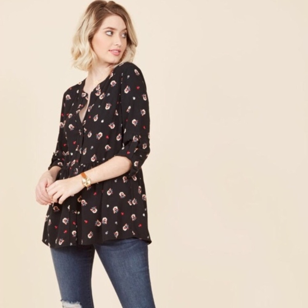 ModCloth Black Floral 3/4 Sleeve Top/Blouse - Picture 1 of 5